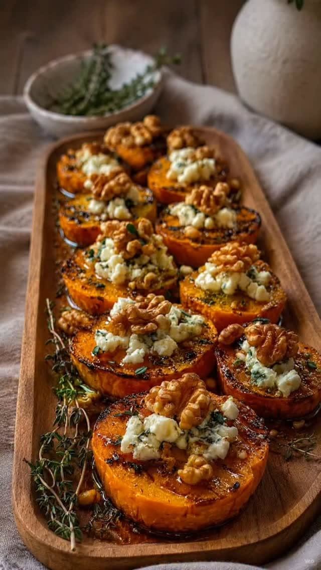 Roasted Sweet Potato Rounds with Blue Cheese, Walnuts & Honey
