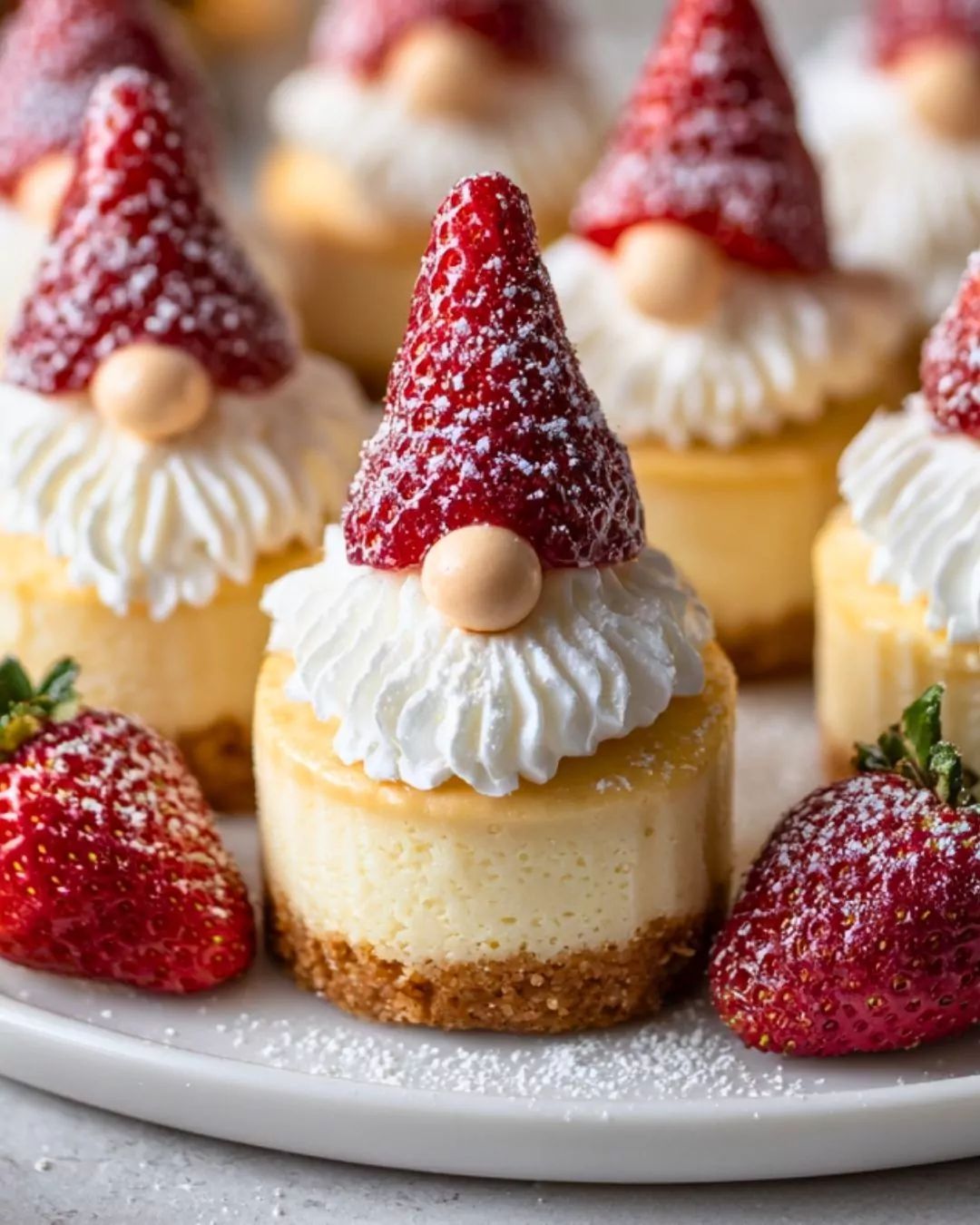 Mini Cheesecakes Topped with Whipped Cream and Strawberries