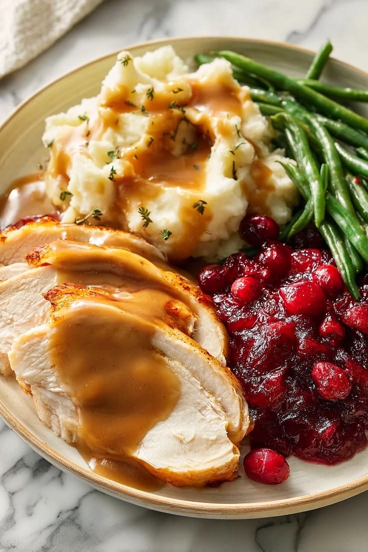 Roast Turkey Plate with Mashed Potatoes, Cranberry Sauce and Green Beans
