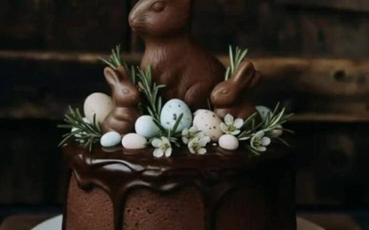 chocolate bundt cake with bunny decorations