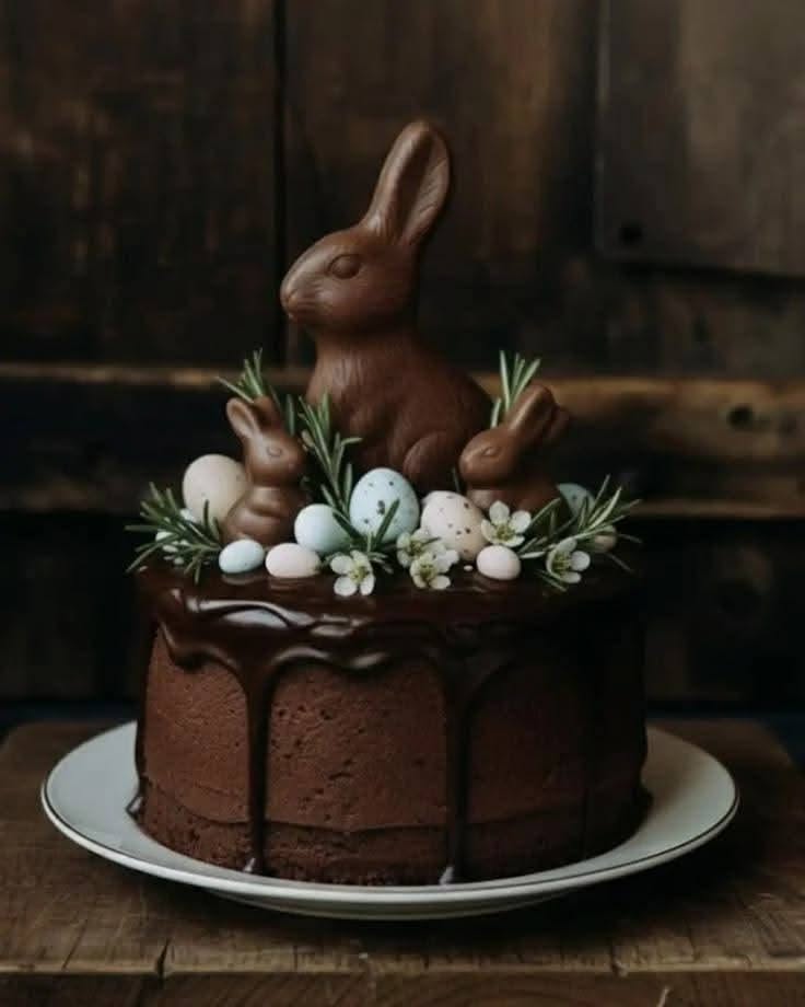 chocolate bundt cake with bunny decorations