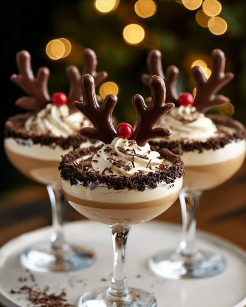 two desserts with reindeer antlers on a plate